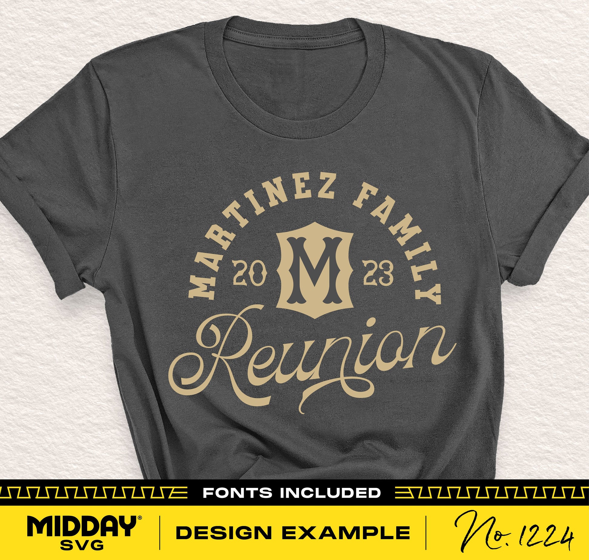 Family reunion shirt design example with Martinez Family 2023 reunion text, for Cricut and sublimation crafting.