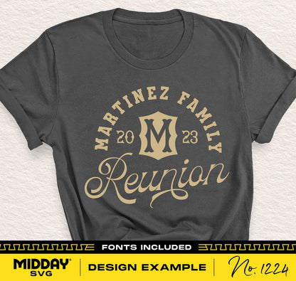 Family reunion shirt design example with Martinez Family 2023 reunion text, for Cricut and sublimation crafting.