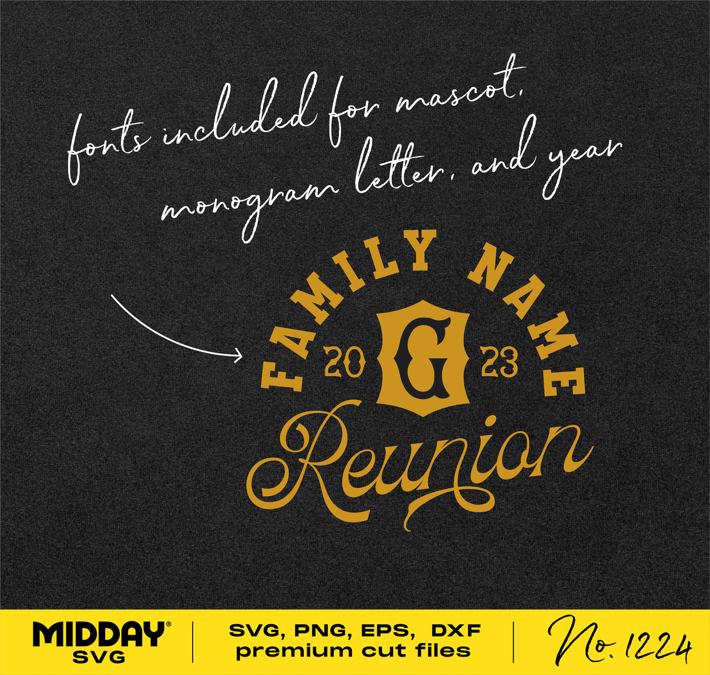 Family Reunion SVG template with customizable monogram, mascot letter, and year in SVG, PNG, EPS, DXF formats, No. 1224