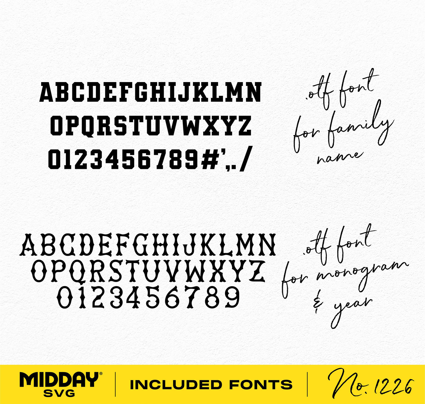 Decorative and monogram font samples for family names and years in OTF format, including uppercase letters and numbers.