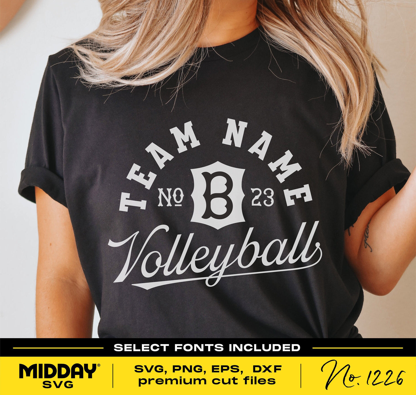 Woman wearing a black t-shirt with custom volleyball design in SVG, PNG, EPS, DXF formats, ideal for team templates and Cricut projects.
