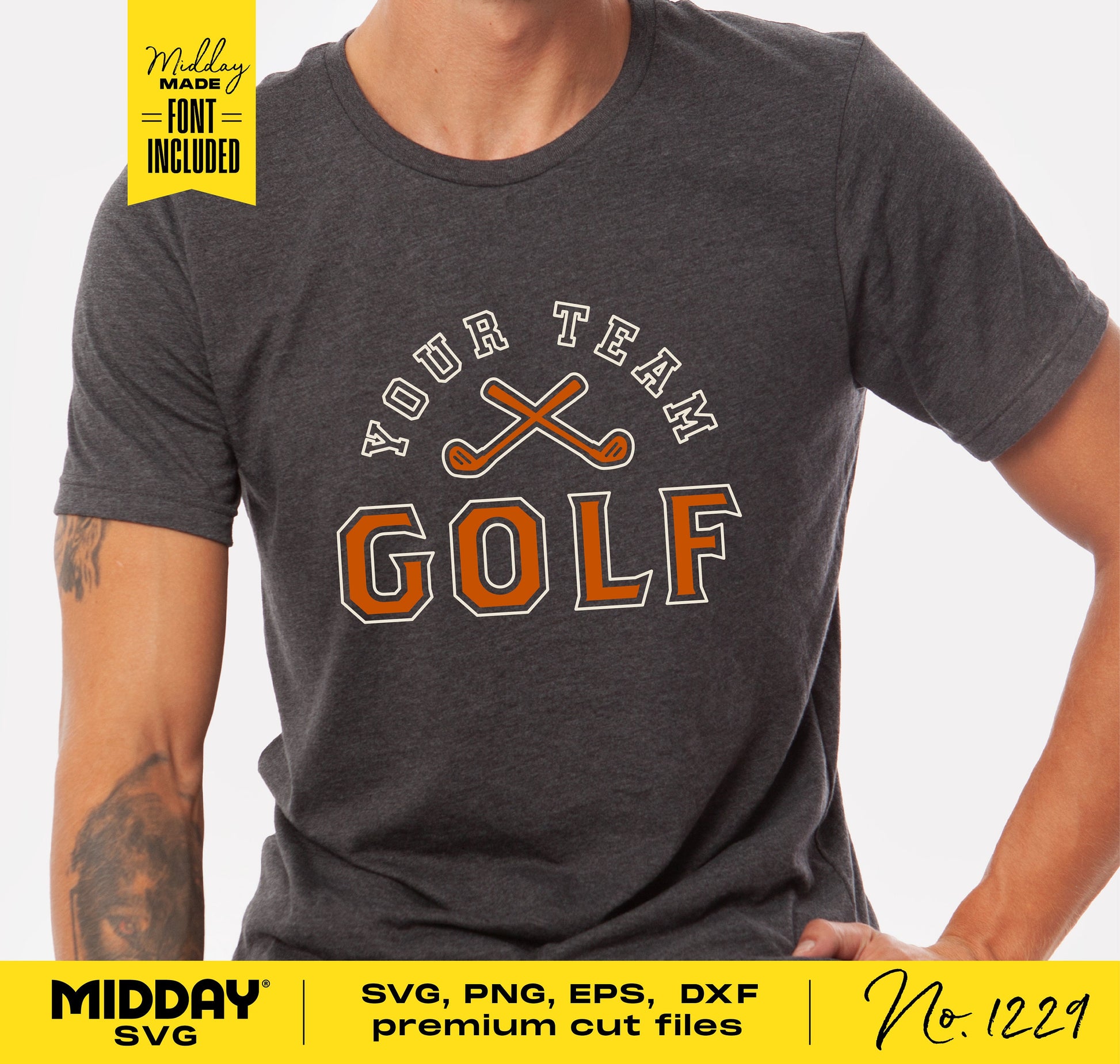 Person wearing a dark gray t-shirt with 'Your Team Golf' design, featuring crossed golf clubs. SVG, PNG, and other files included.