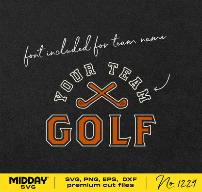 Golf team SVG design with crossed clubs, customizable with included font for Cricut and sublimation projects, premium cut files.