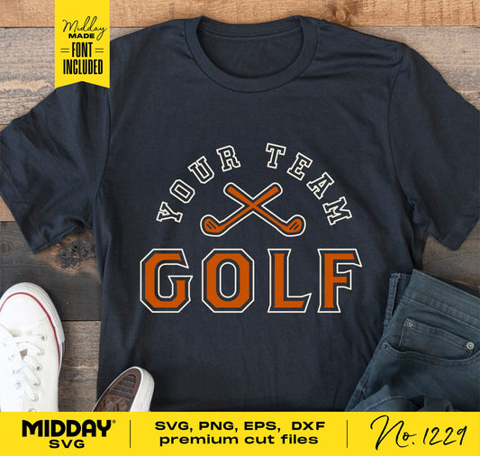 Black t-shirt with 'Your Team Golf' design, crossed golf clubs, SVG PNG EPS DXF files, font included, DIY golf-themed apparel.
