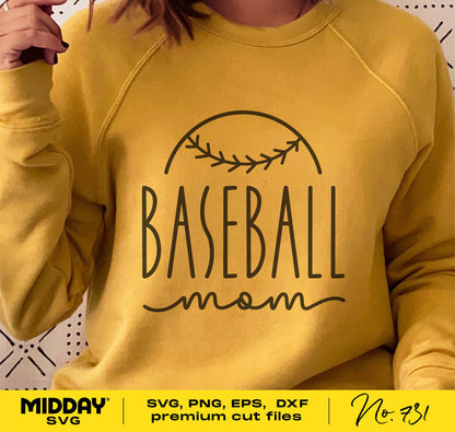 Yellow sweatshirt with Baseball Mom design, featuring a baseball graphic. SVG, PNG, EPS, DXF available for Cricut and Silhouette projects.