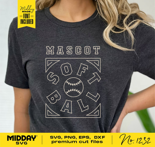 Gray t-shirt with 'Mascot Softball' design, available as SVG, PNG, EPS, DXF cut files for Cricut and Silhouette.