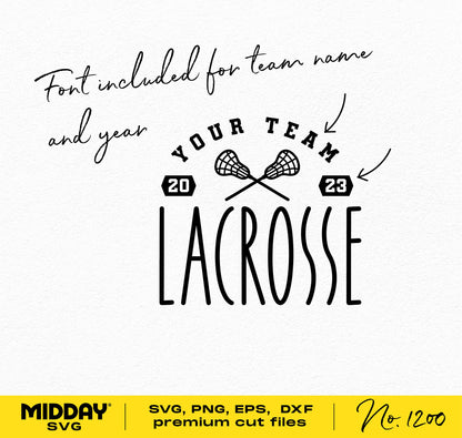 Lacrosse team design template with customizable text, featuring crossed sticks and editable team name, year for Cricut and Silhouette.