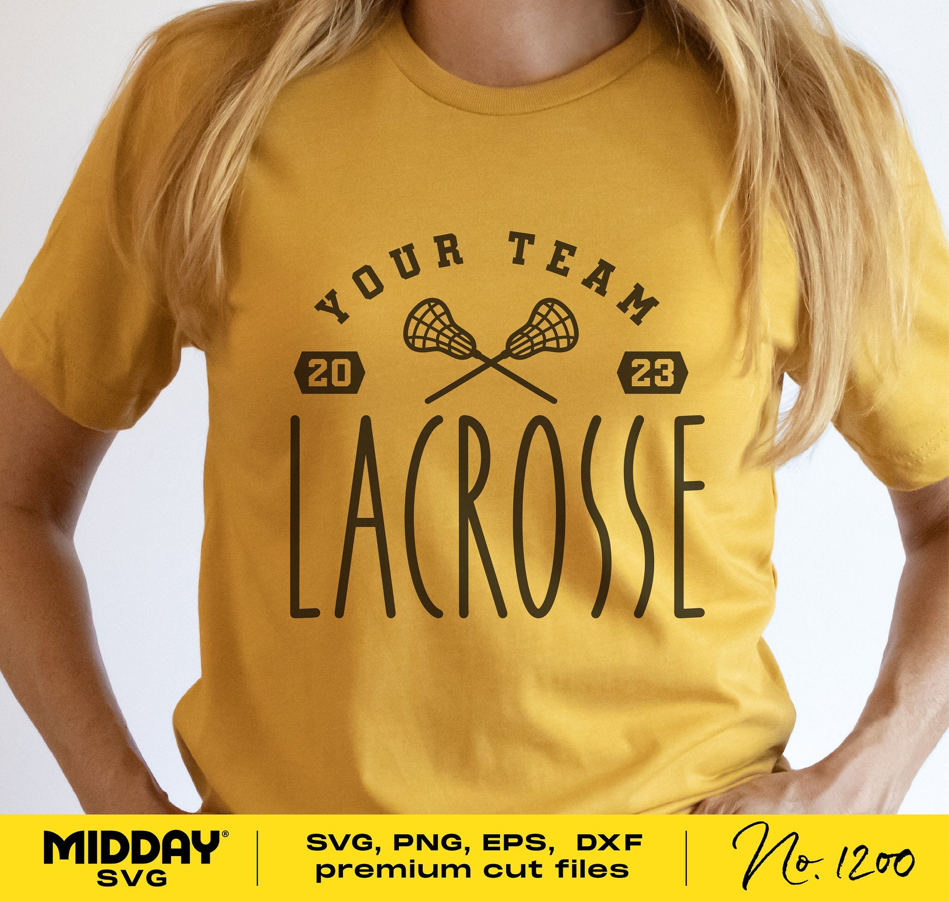 Yellow lacrosse team shirt with editable SVG design featuring crossed sticks and 2023 year, ideal for Cricut and Silhouette users.
