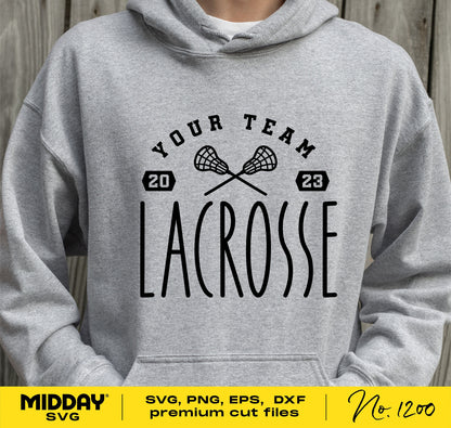 Gray hoodie with customizable lacrosse team design, featuring lacrosse sticks and year. Includes svg, png, eps, dxf formats for Cricut and Silhouette.