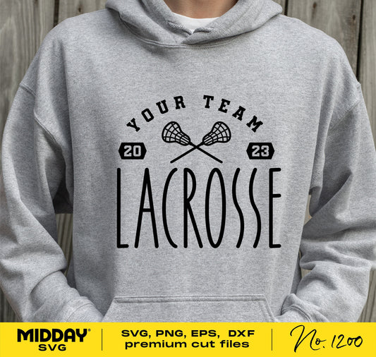 Gray hoodie with customizable lacrosse team design, featuring lacrosse sticks and year. Includes svg, png, eps, dxf formats for Cricut and Silhouette.
