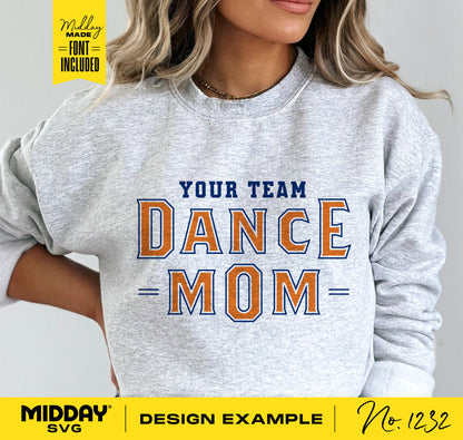 Woman wearing a gray "Your Team Dance Mom" shirt; perfect for Cricut and Silhouette projects. Design includes font and sublimation options.