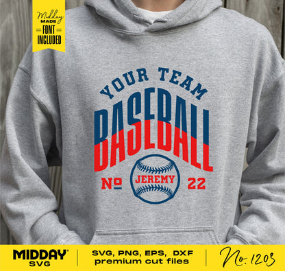 Gray hoodie with customizable baseball team design featuring text 'Your Team Baseball' and a baseball graphic with name and number options.
