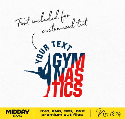 Gymnastics SVG design with customizable text and silhouette, compatible with Cricut and Silhouette, font included, premium cut files.