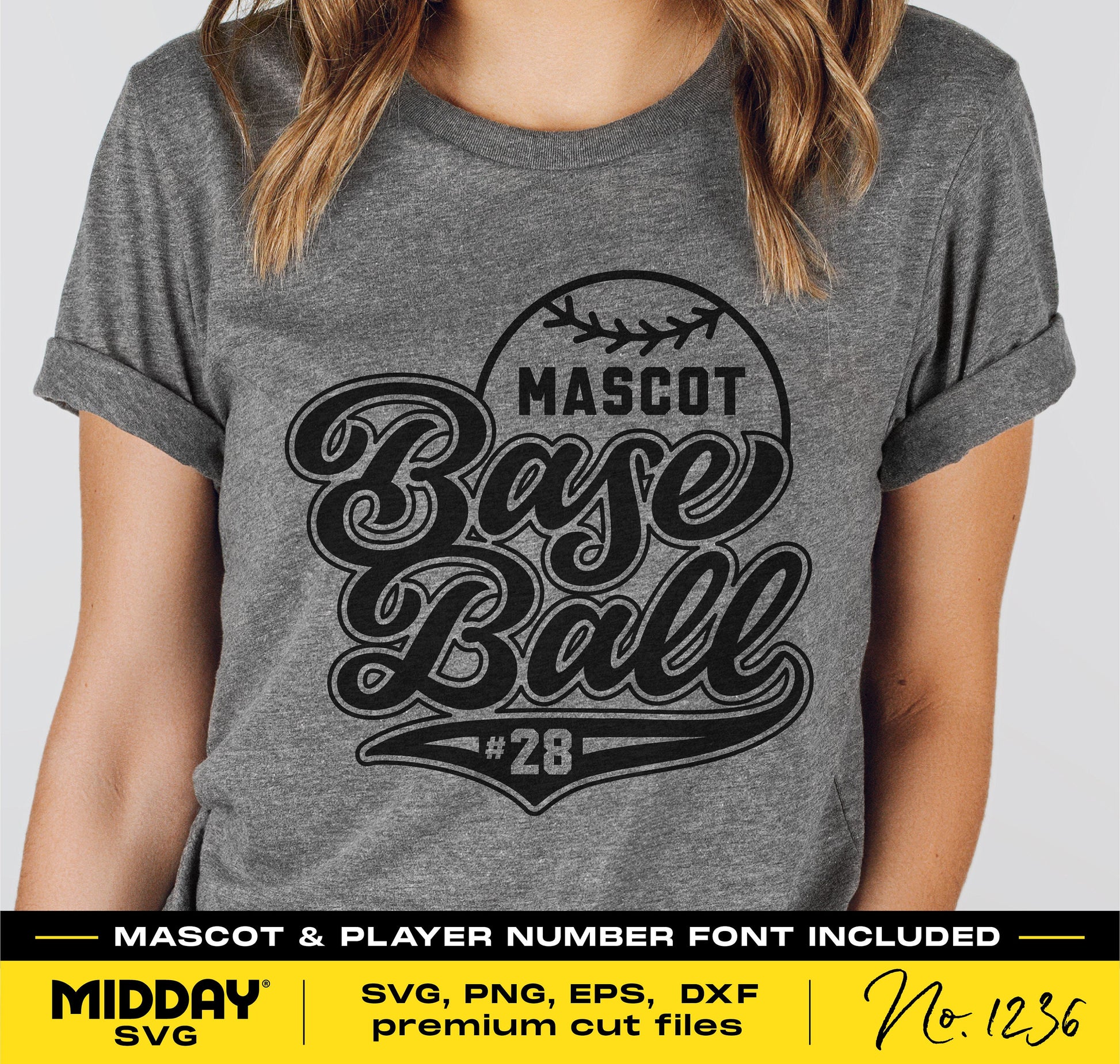 Gray t-shirt featuring customizable baseball team SVG design, mascot and player number font included, suitable for Cricut projects.