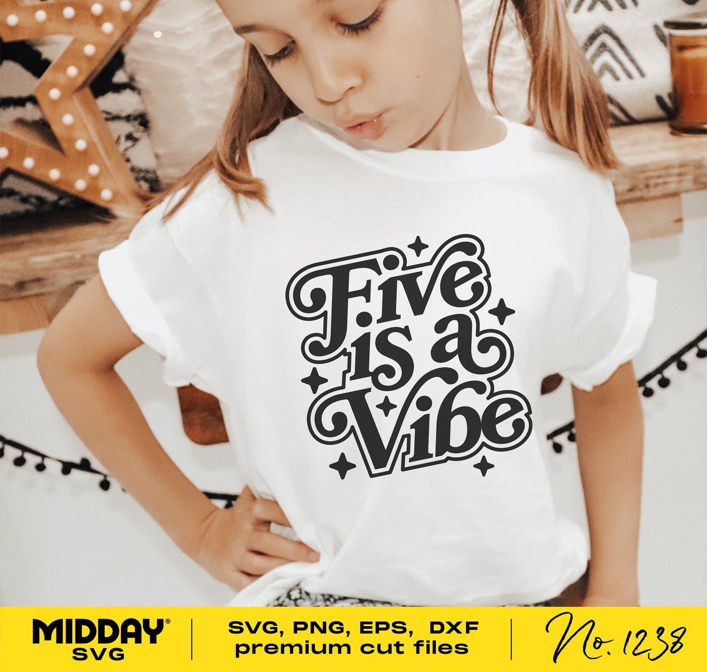 Girl wearing a 'Five is a Vibe' 5th birthday shirt with decorative stars, ideal for Cricut and Silhouette projects.