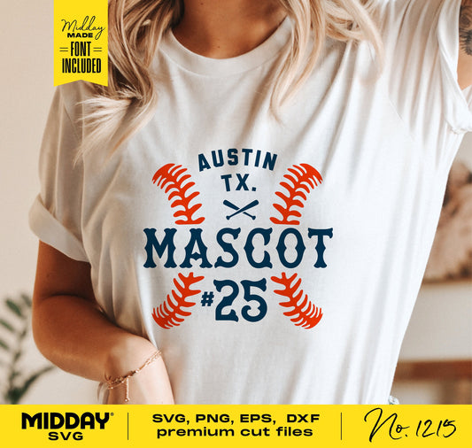 Person wearing a T-shirt with 'Austin TX Mascot #25' baseball design, available as SVG, PNG, EPS, DXF files for Cricut and Silhouette.