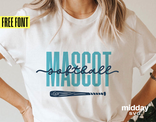 White t-shirt featuring "MASCOT softball" design in teal and blue, includes a bat graphic and note of free font by midday SVG.