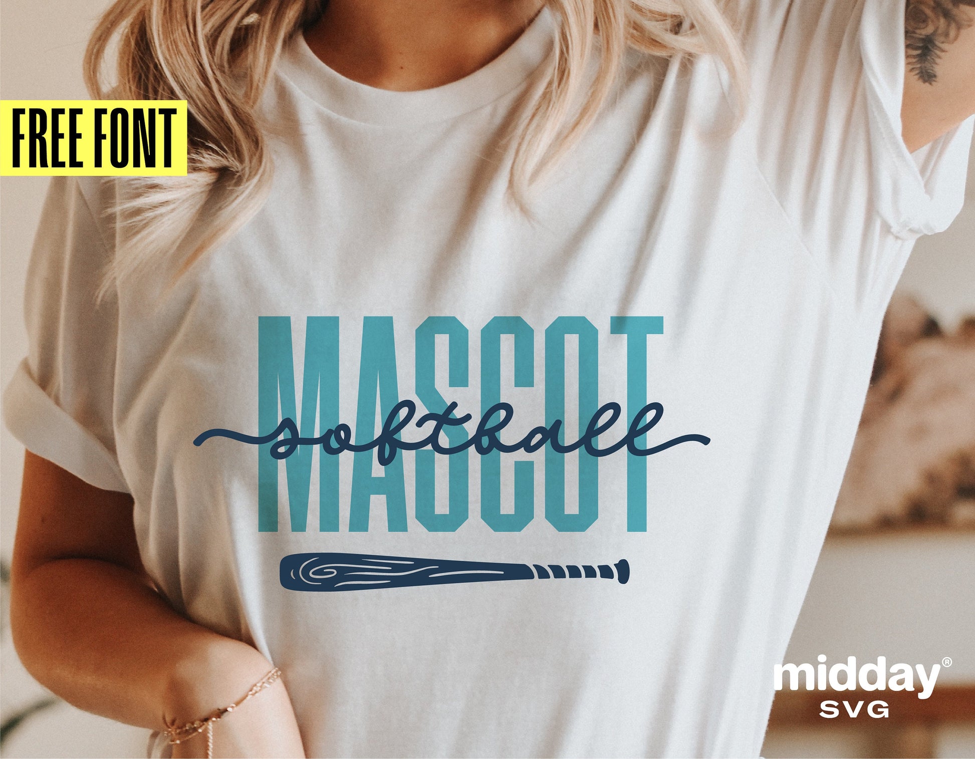 Person wearing shirt with 'MASCOT softball' text design and bat graphic, highlighting free font offer.