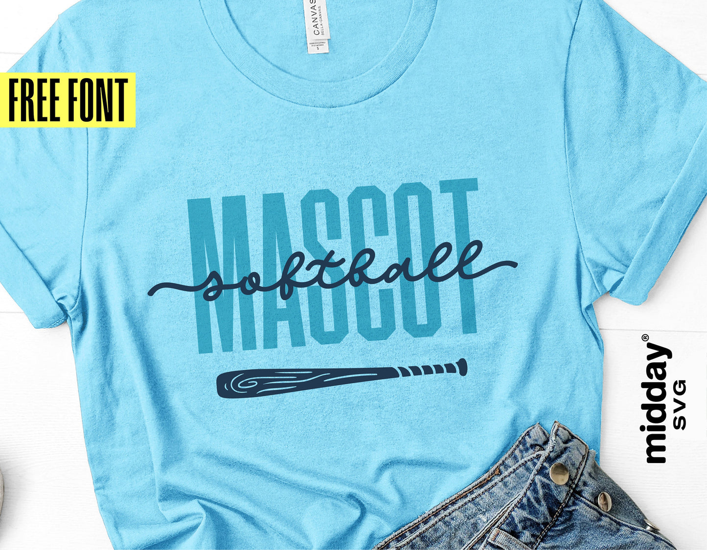 Blue t-shirt with 'MASCOT' and 'softball' text, featuring a bat graphic, highlighting free font offer by Midday SVG.