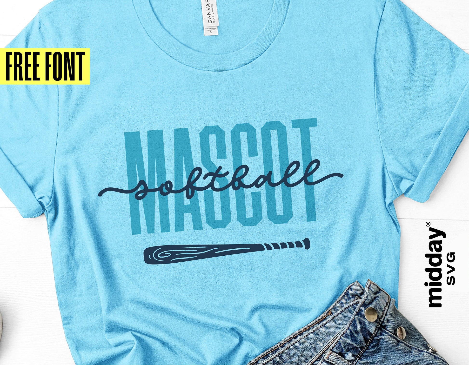 Blue t-shirt with 'MASCOT' and 'softball' text, featuring a bat graphic, highlighting free font offer by Midday SVG.