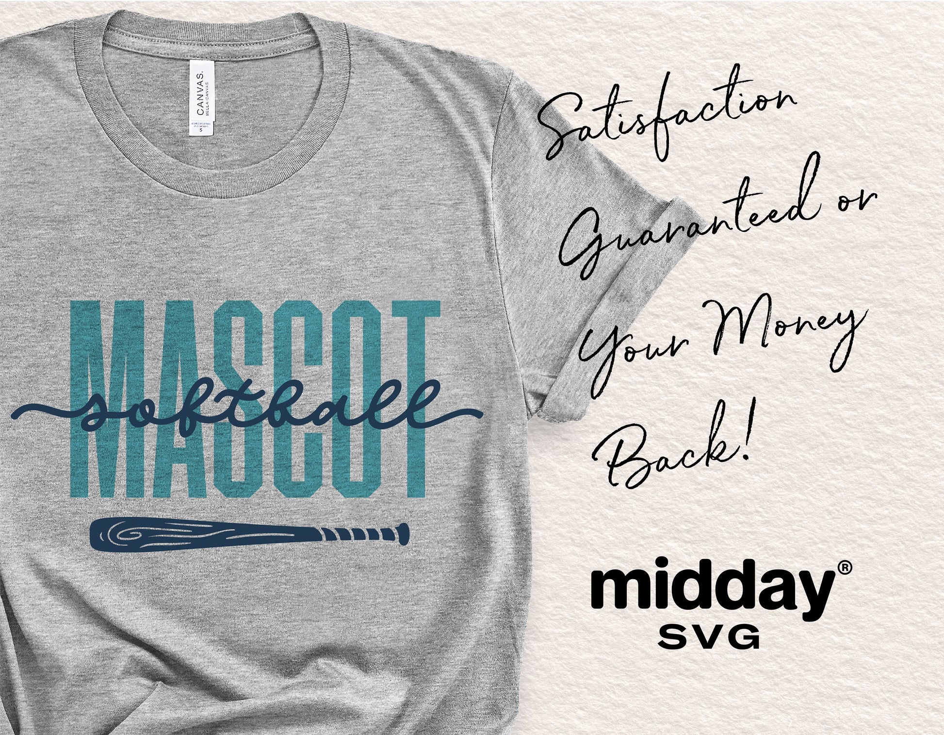 Gray t-shirt with 'MASCOT' and softball design, satisfaction guaranteed, from midday SVG; perfect for team and Cricut projects.