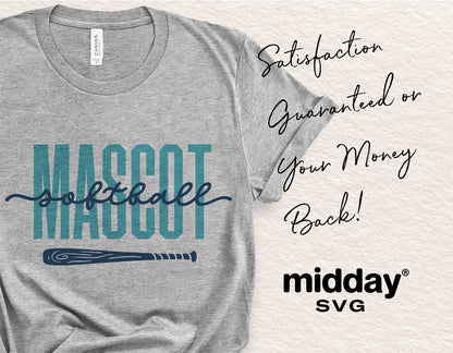 Gray t-shirt with 'MASCOT' and softball design, satisfaction guaranteed, from midday SVG; perfect for team and Cricut projects.