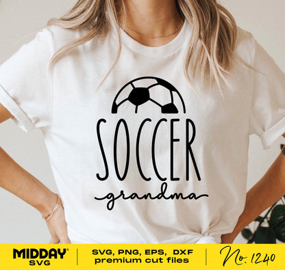 "Soccer Grandma" SVG design on a white t-shirt, perfect for crafting with Cricut and Silhouette, includes soccer ball graphic.