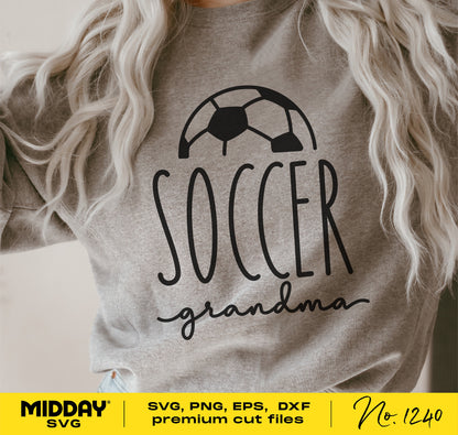 Soccer Grandma SVG design on a grey sweatshirt, ideal for Cricut and Silhouette projects, featuring a soccer ball graphic.
