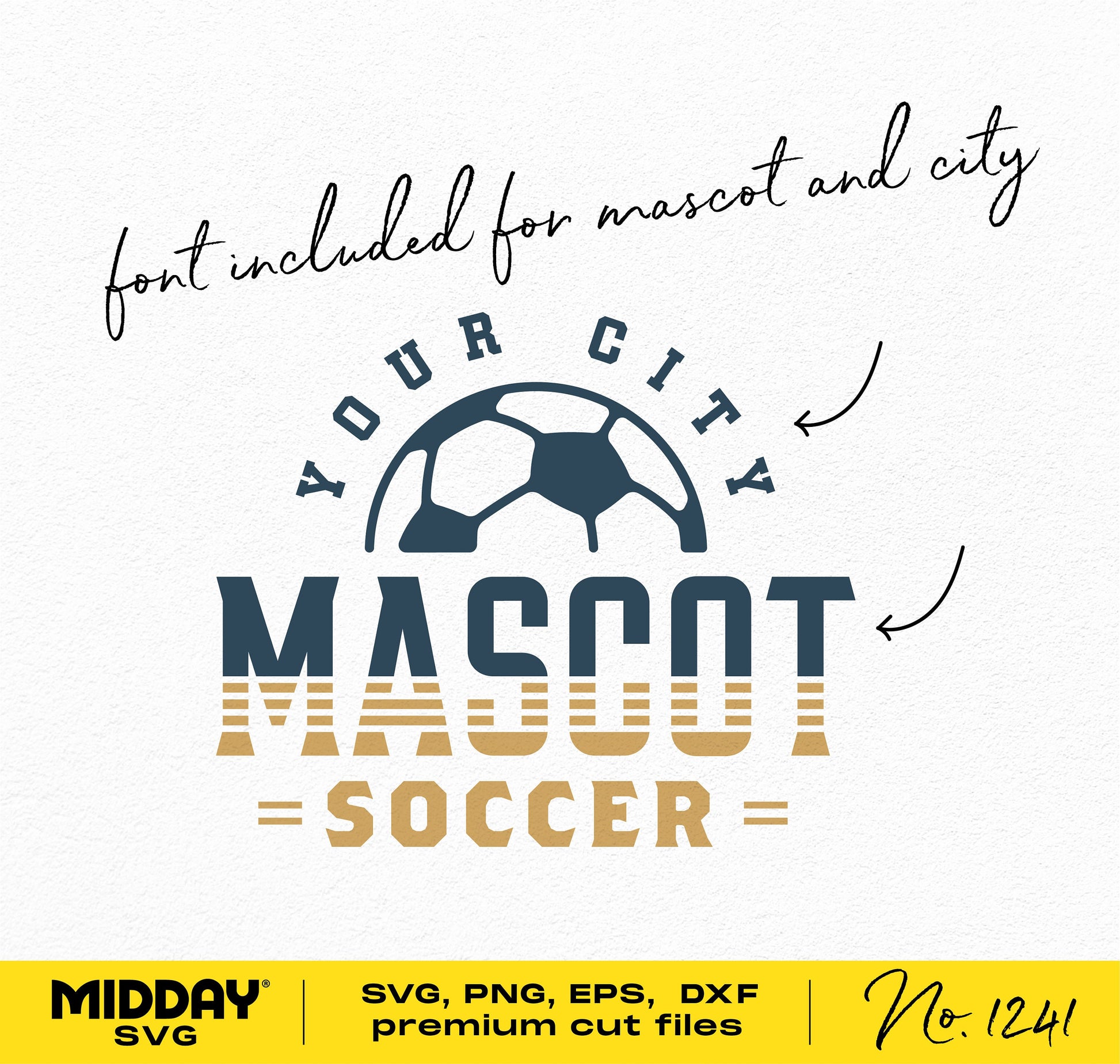 Soccer team logo template with customizable text and soccer ball graphic, includes SVG, PNG, EPS, DXF formats.