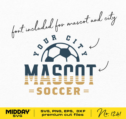 Soccer team logo template with customizable text and soccer ball graphic, includes SVG, PNG, EPS, DXF formats.