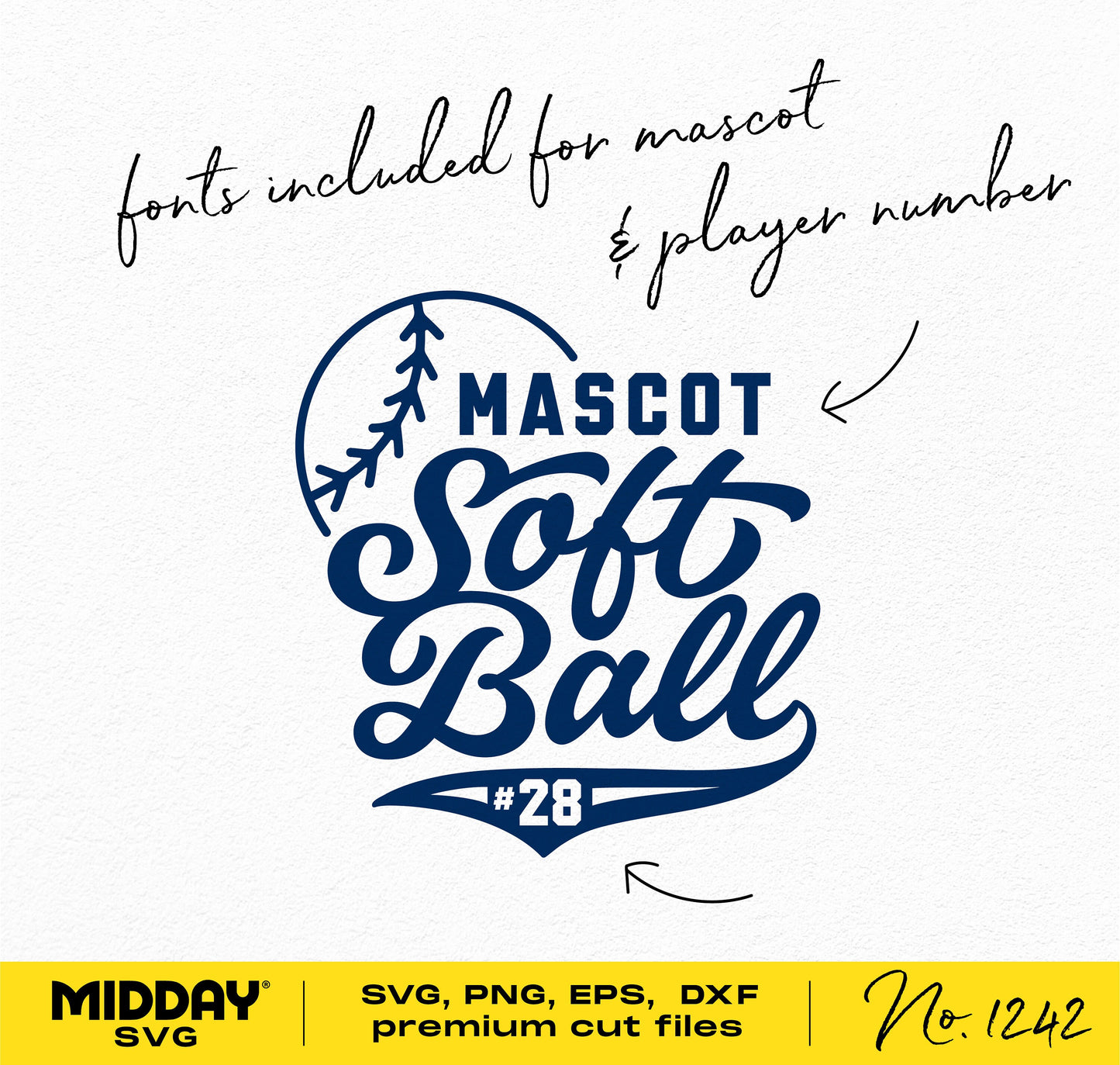 Softball team logo SVG template with customizable fonts for mascot and player number, includes SVG, PNG, EPS, DXF files.