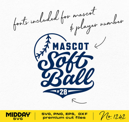 Softball team logo SVG template with customizable fonts for mascot and player number, includes SVG, PNG, EPS, DXF files.