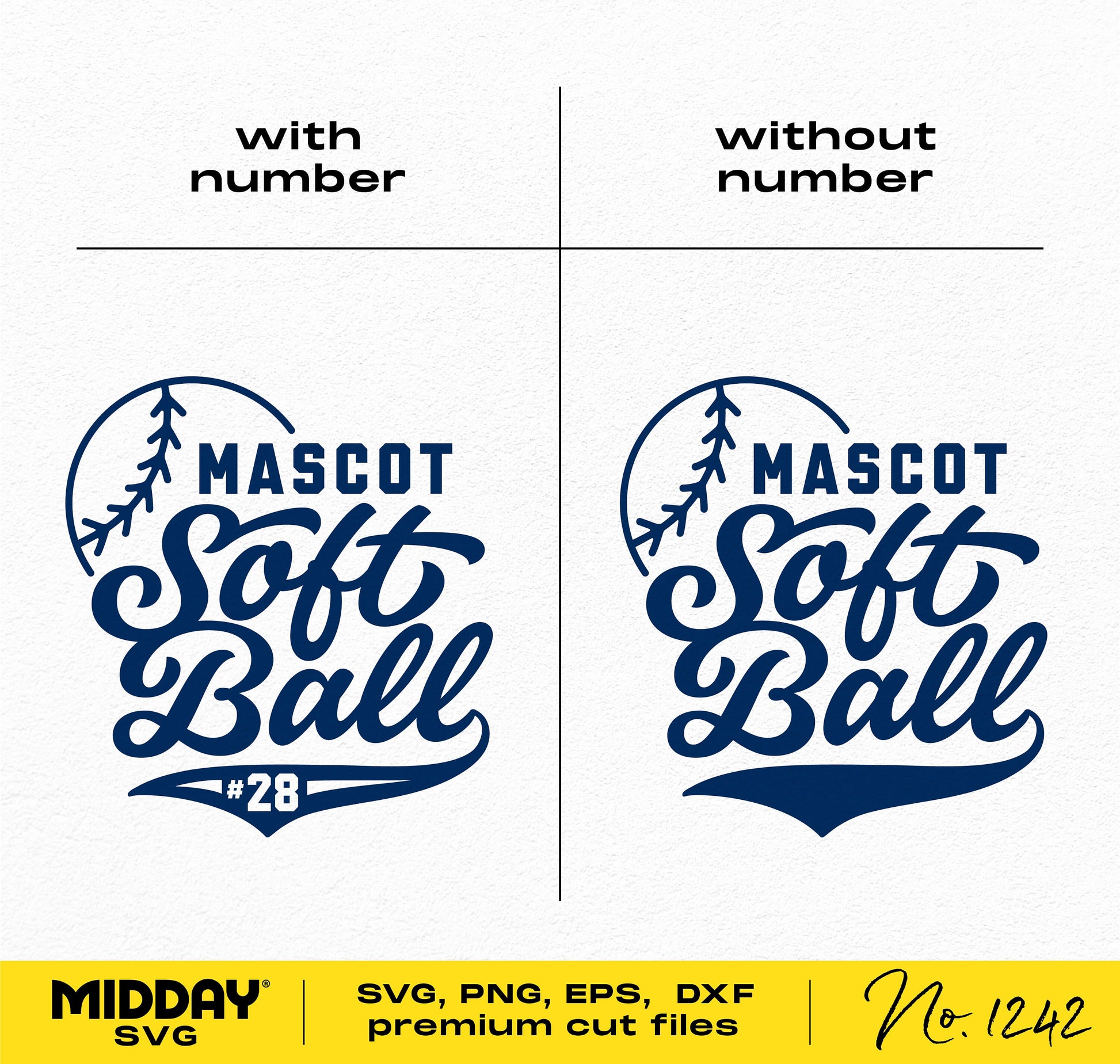 Softball team logo template in SVG, PNG, EPS, DXF formats featuring customizable mascot design with and without player number.