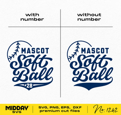 Softball team logo template in SVG, PNG, EPS, DXF formats featuring customizable mascot design with and without player number.