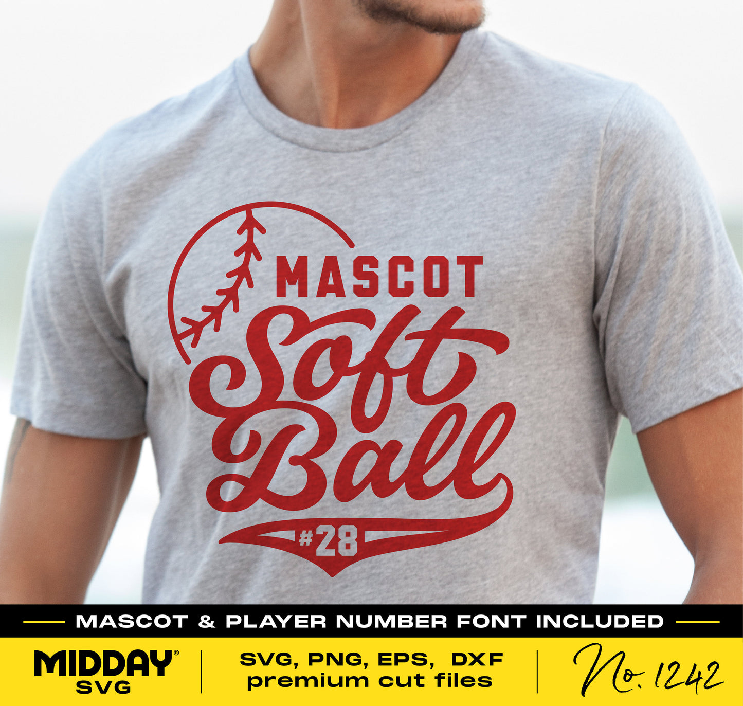 Person wearing a gray t-shirt with red 'Mascot Softball' design, featuring SVG, PNG, EPS, DXF premium cut files for Cricut and design editing.