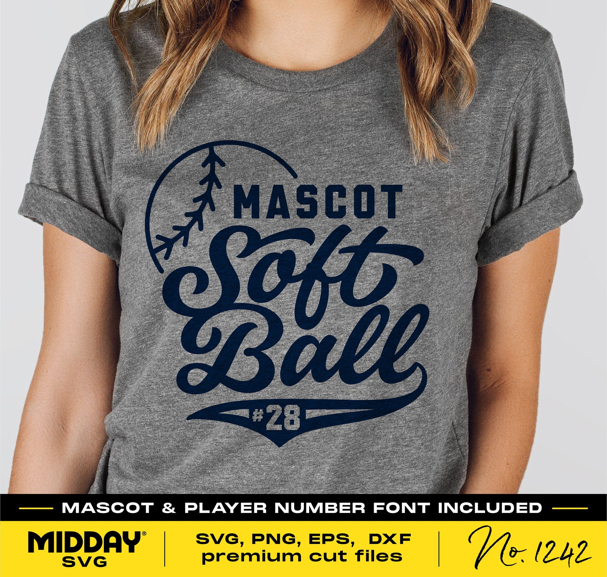 Person wearing a gray shirt with 'Mascot Softball #28' design, part of a DIY SVG cut file for Cricut and sublimation projects.