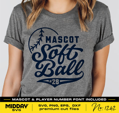 Person wearing a gray shirt with 'Mascot Softball #28' design, part of a DIY SVG cut file for Cricut and sublimation projects.