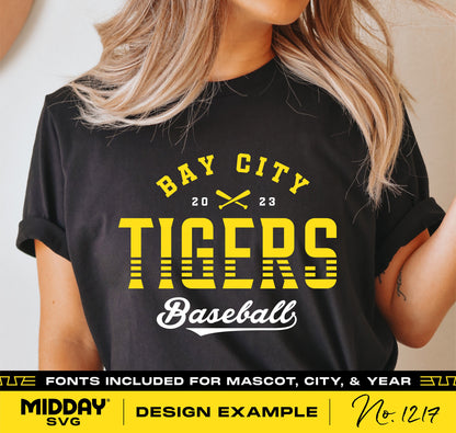 Woman wearing a black t-shirt with Bay City Tigers 2023 baseball logo design, featuring fonts for mascot, city, and year.