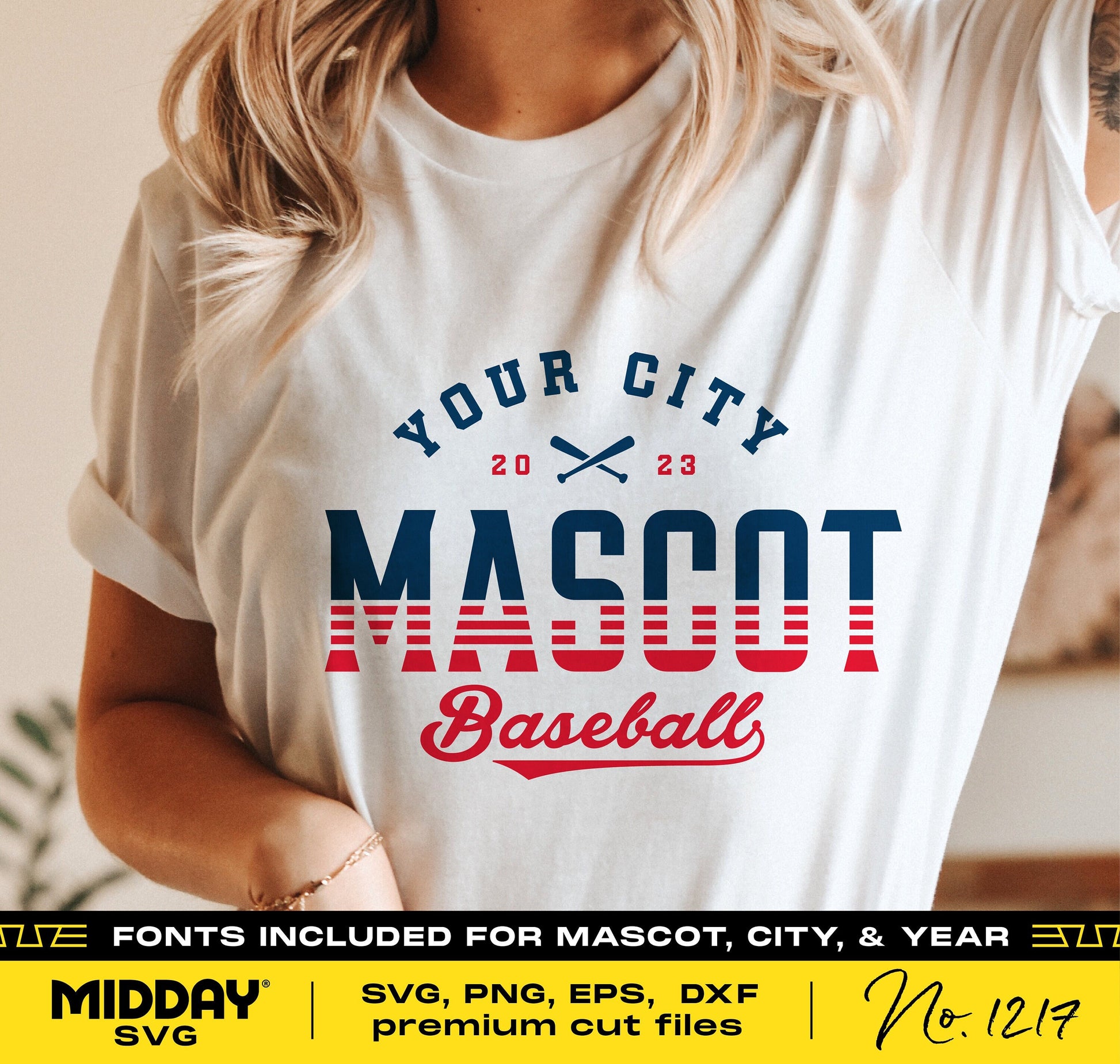 Person wearing a baseball team shirt with customizable mascot, city, and year design, available in SVG, PNG, EPS, and DXF formats.