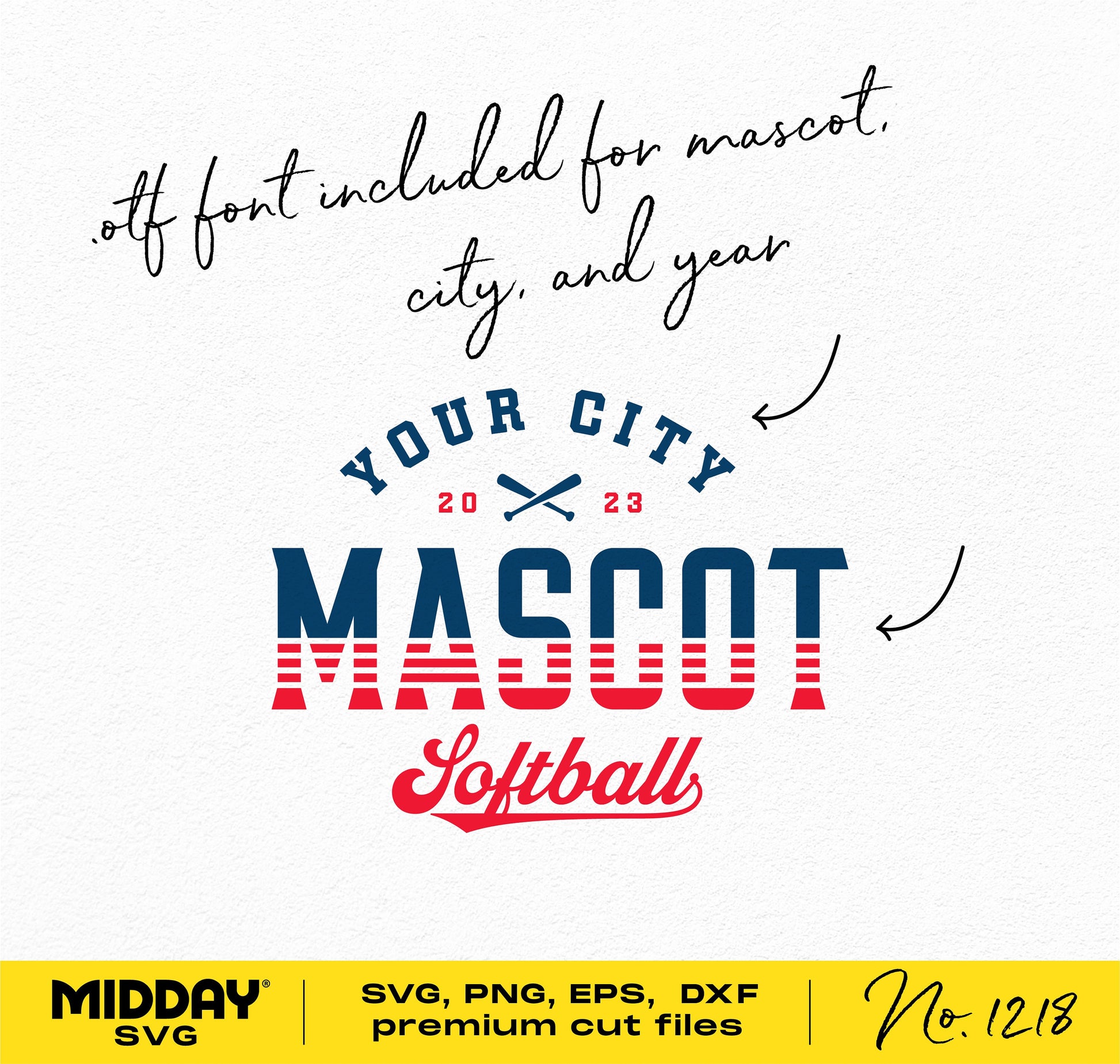 Softball Team SVG Template with customizable city, mascot, and year in blue and red font, perfect for Cricut and Silhouette designs.