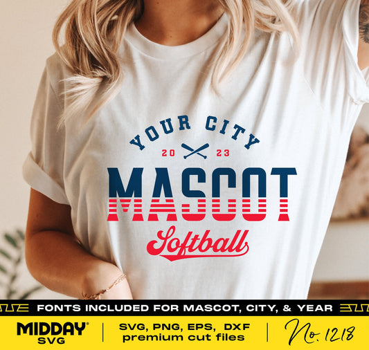 Softball team shirt featuring custom city and mascot design, available in SVG, PNG, EPS, DXF for Cricut and Silhouette projects.