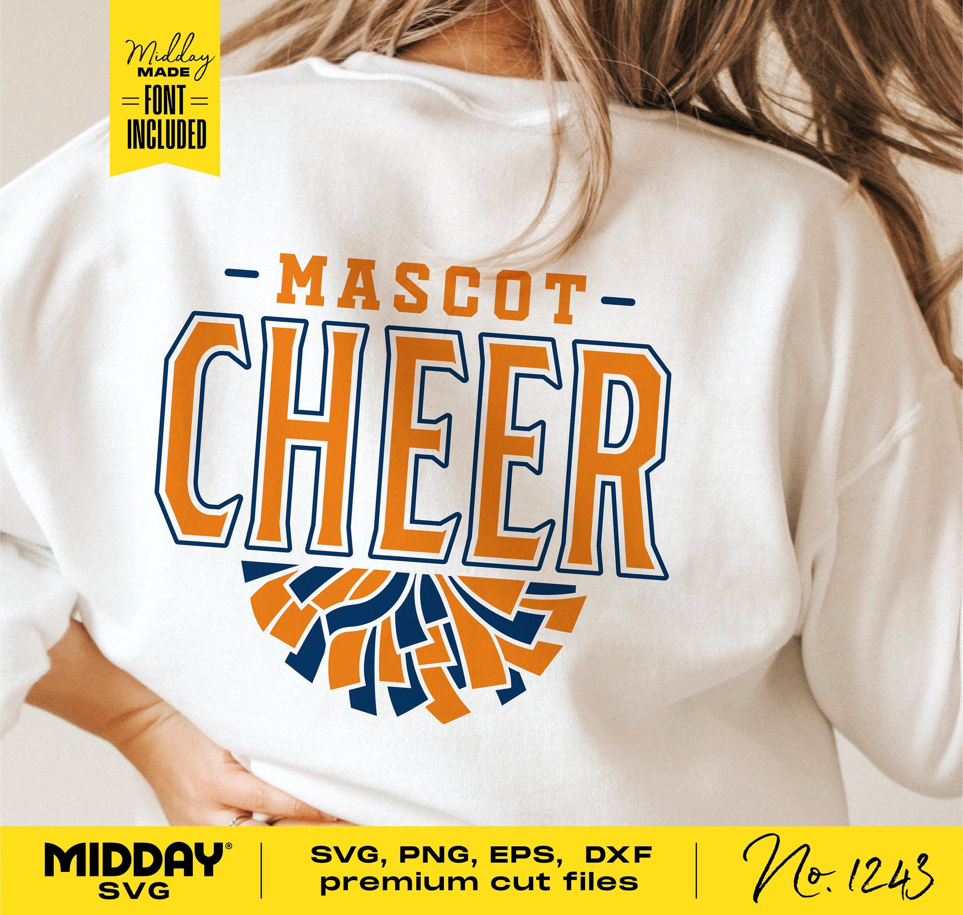 Back of shirt with 'Mascot Cheer' design in orange and blue, ideal for cheerleading SVG, PNG, EPS, DXF templates and crafting projects.