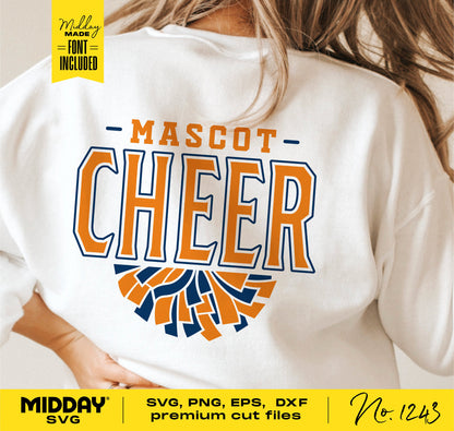 Back of shirt with 'Mascot Cheer' design in orange and blue, ideal for cheerleading SVG, PNG, EPS, DXF templates and crafting projects.