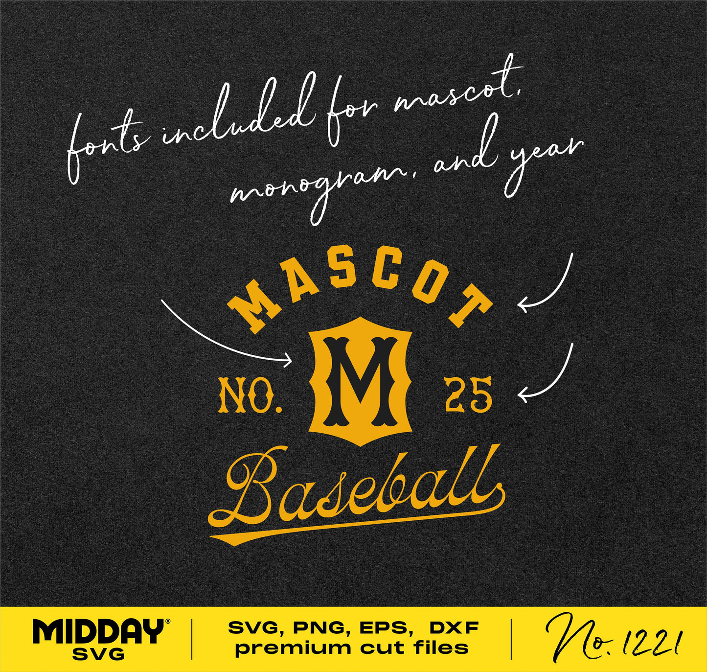 Baseball team template SVG with mascot, monogram font, and year; includes SVG, PNG, EPS, and DXF files for crafting projects.