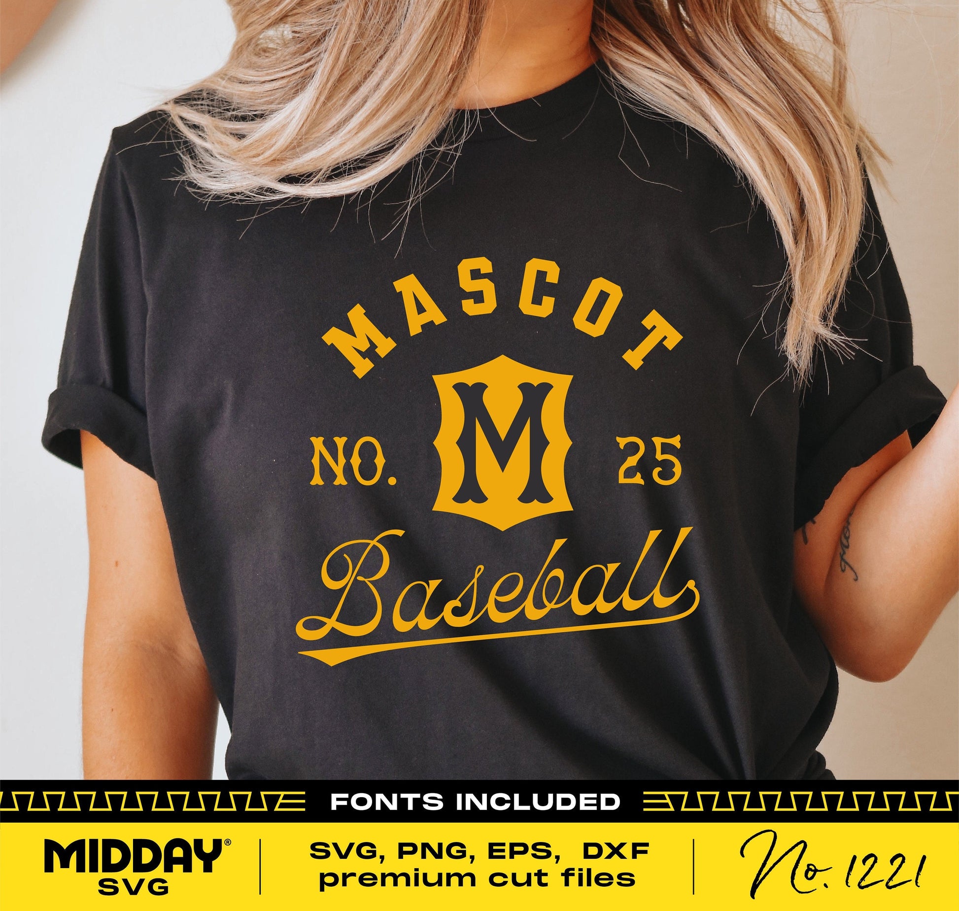 Black t-shirt featuring a yellow baseball team design with 'Mascot No. 25' and 'Baseball' text, ideal for Cricut and Silhouette projects.