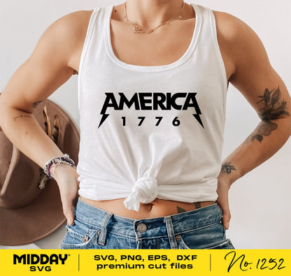 Woman wearing a white tank top with "America 1776" design, featuring patriotic SVG for 4th of July and Memorial Day crafts.
