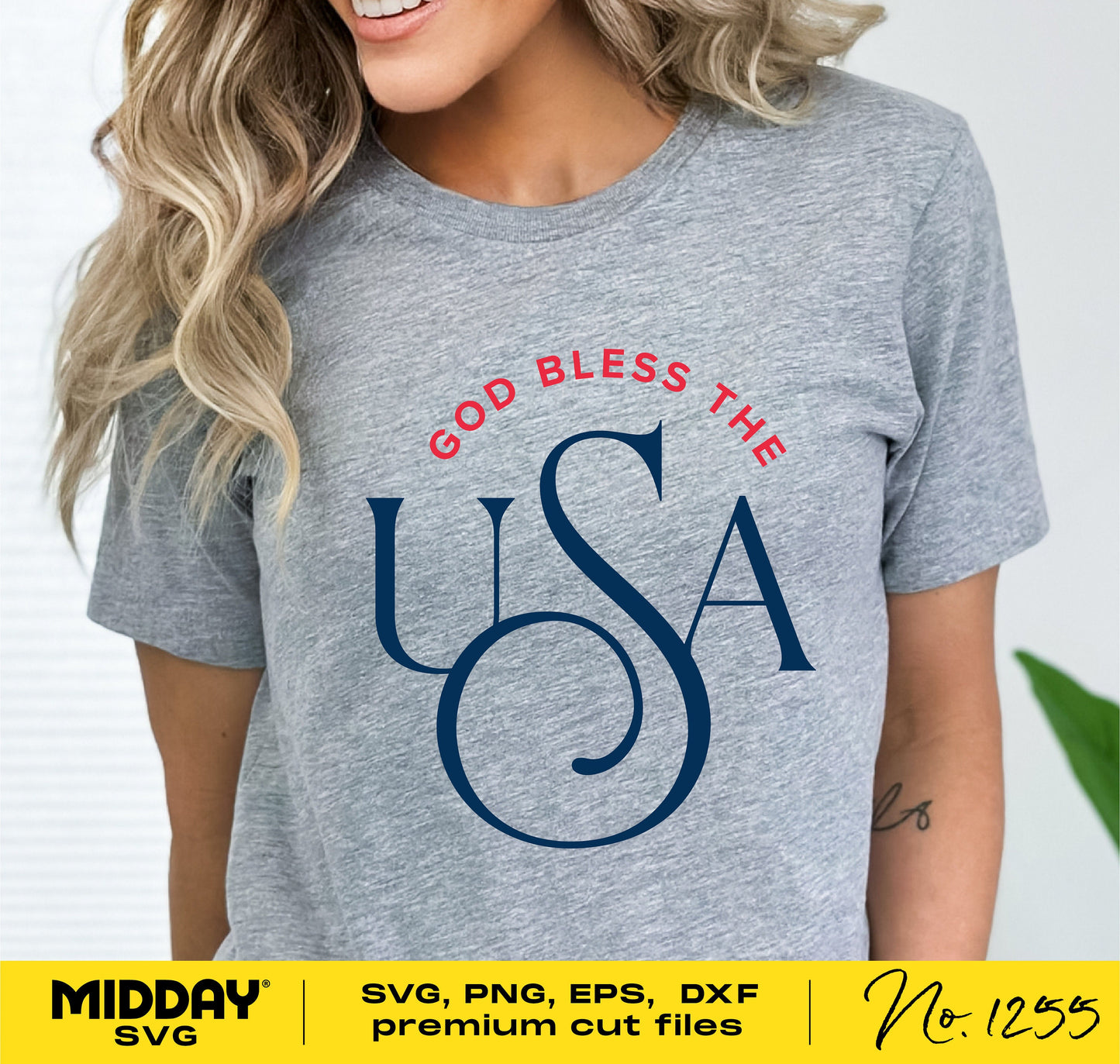 Woman wearing a gray t-shirt with 'God Bless the USA' design; SVG, PNG, EPS, DXF premium cut files available for Cricut.
