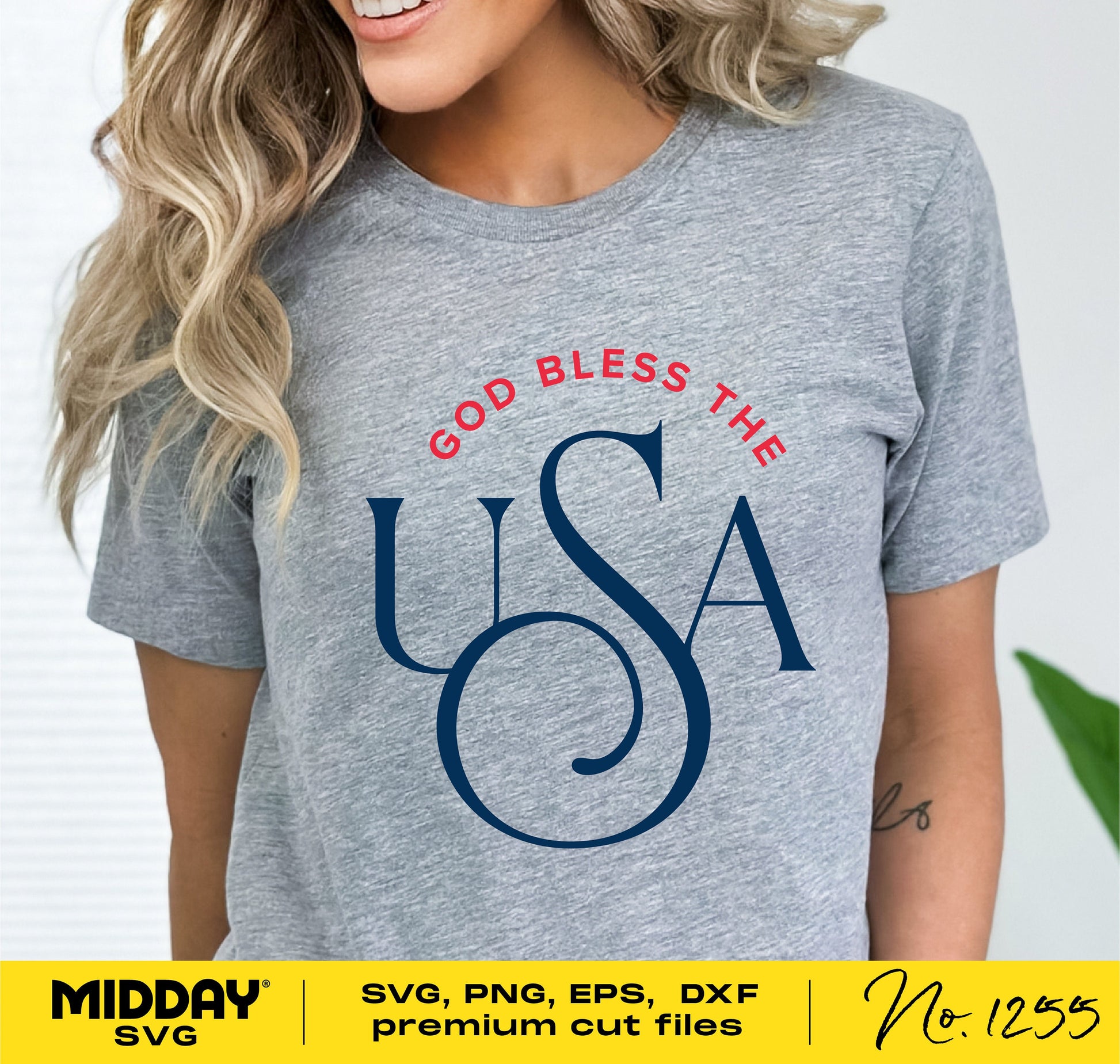 Woman wearing a gray t-shirt with 'God Bless the USA' design; SVG, PNG, EPS, DXF premium cut files available for Cricut.
