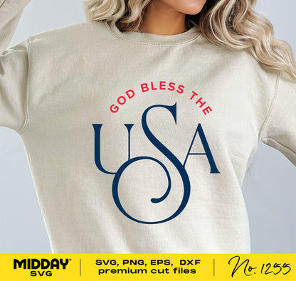 Woman wearing "God Bless the USA" patriotic design sweatshirt, available as SVG, PNG, EPS, and DXF cut files for Cricut.