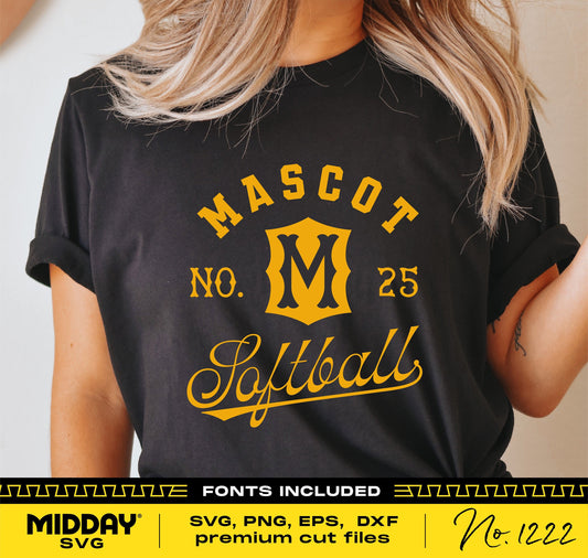 Black t-shirt showcasing yellow 'Mascot Softball' design with customizable SVG, PNG, EPS, and DXF options, perfect for team templates.